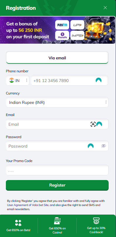 valorbet sign up form